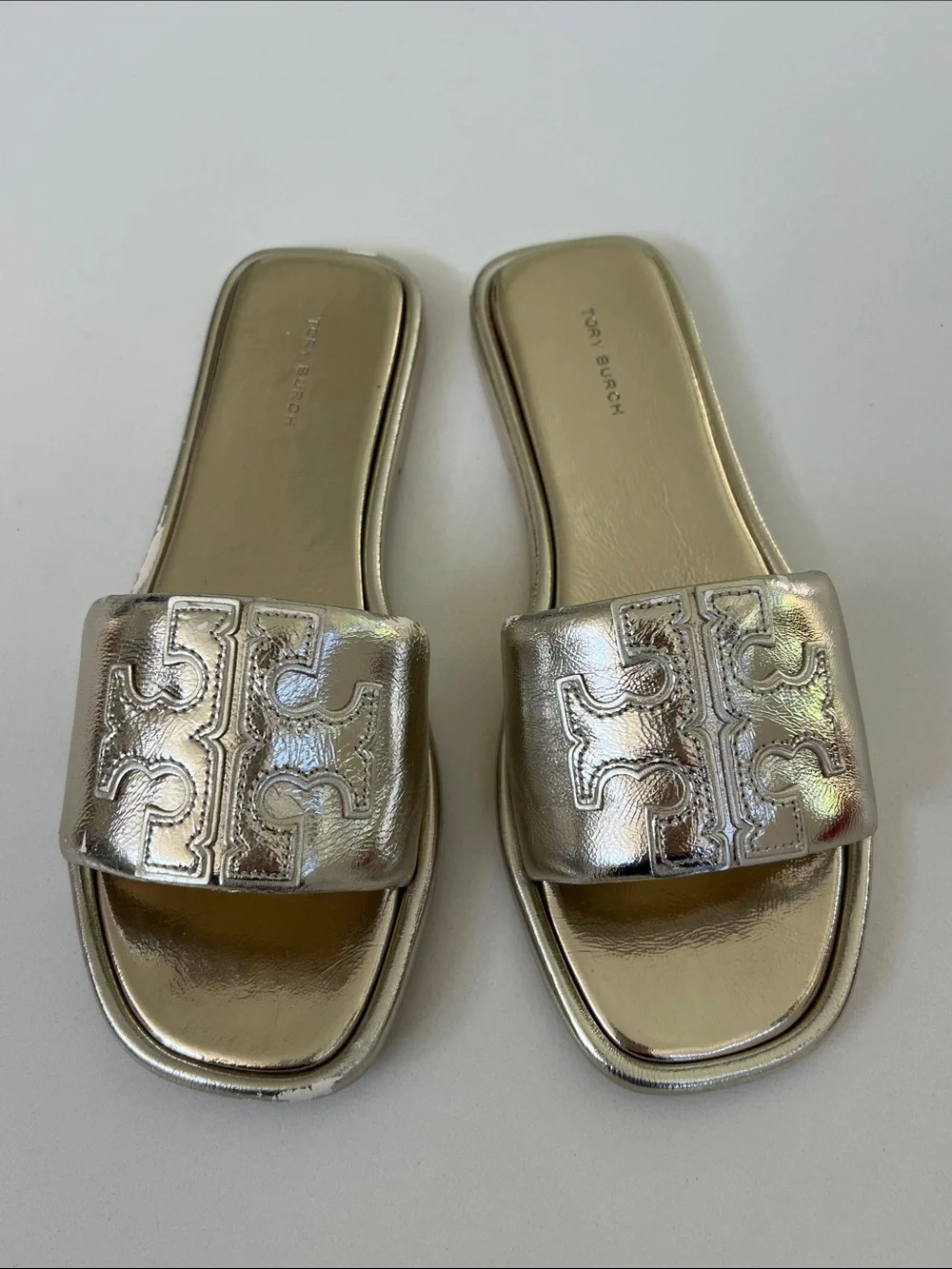 Tory Burch spark gold metallic open toe double T sport slide leather sandals 8